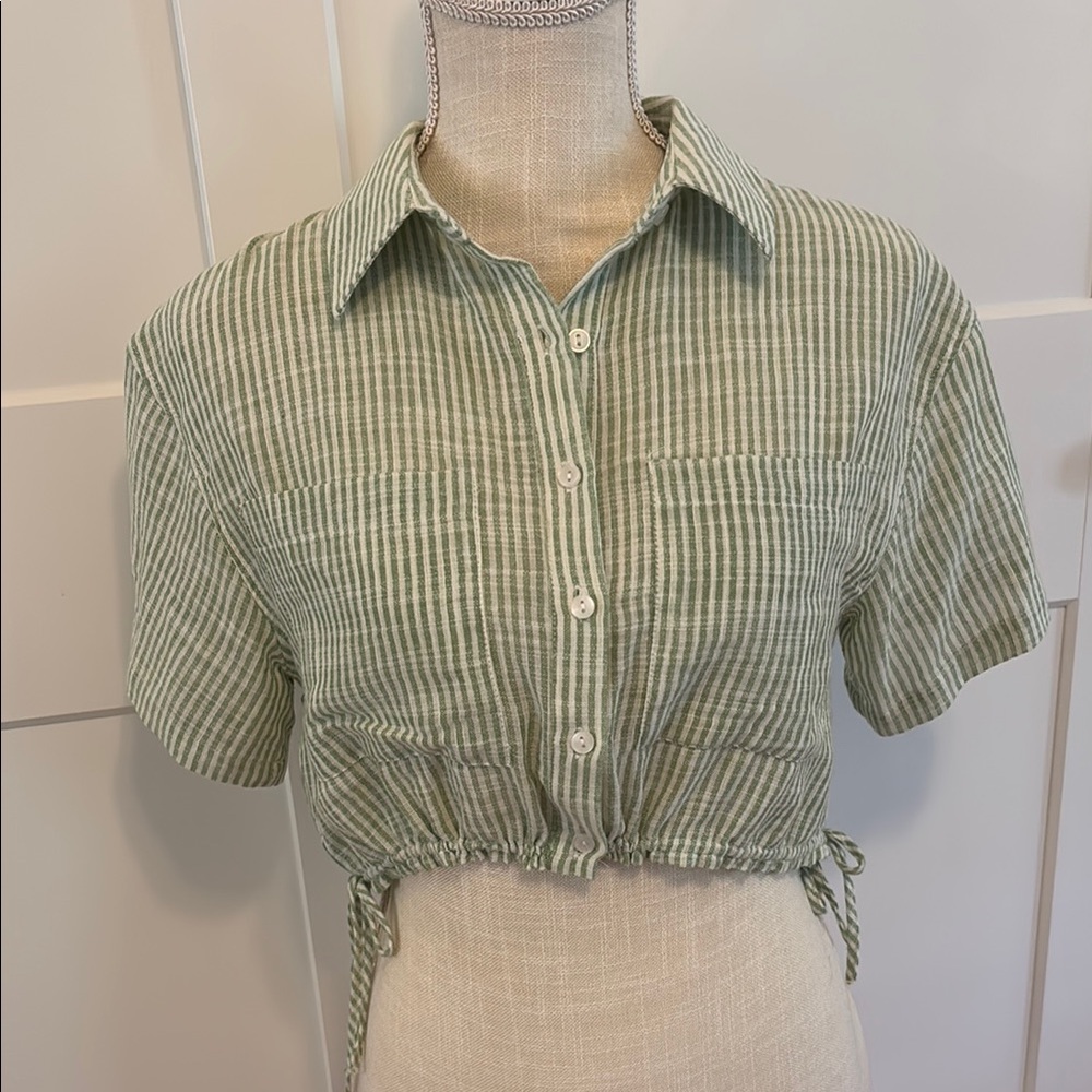 Primark Green and White Striped Breezy Button Down Crop Top Blouse